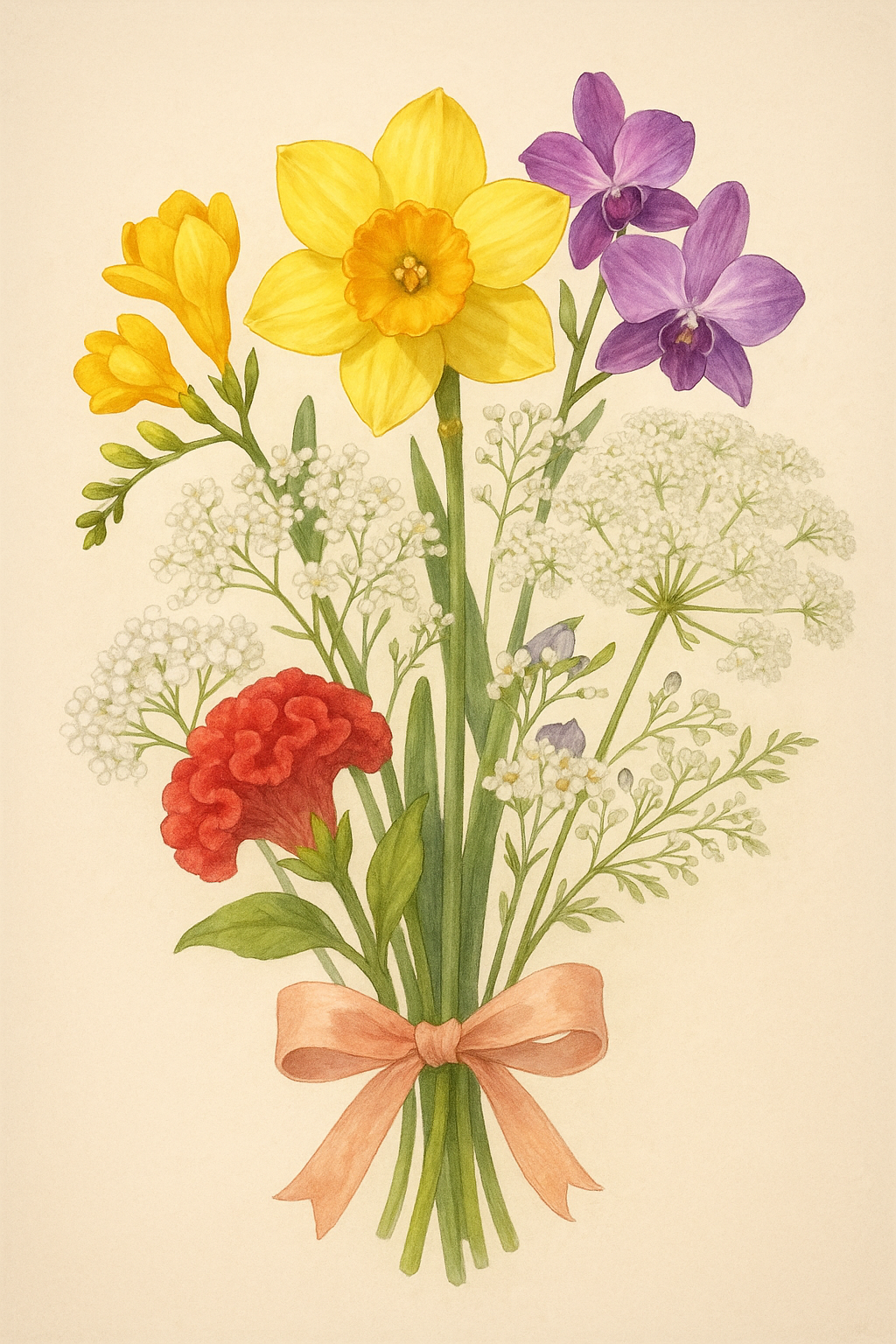 건강과 회복을 기원하는 꽃말 6가지를 소개하는 글 중에 소개된 6가지의 꽃을 표현한 꽃다발 그림.