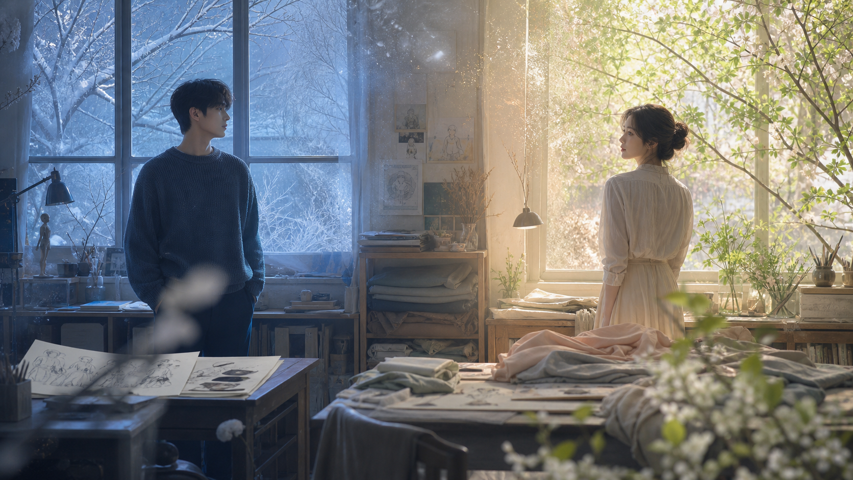 서리가 남은 겨울 창과 따뜻한 봄빛 사이 작업실에서 서로를 바라보는 가상의 두 사람