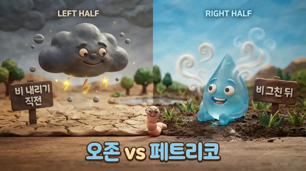 좌측엔 번개와 함께 오존을 내뱉는 검은 점토 먹구름 캐릭터, 우측엔 향기 미스트를 피워 올리는 푸른 점토 빗방울 캐릭터가 대비를 이루는 아드만 스톱모션 비교 인포그래픽