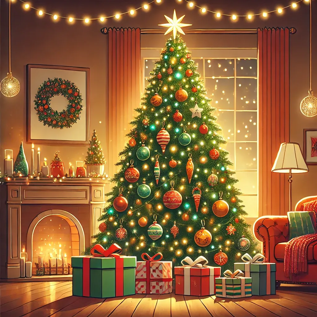 거실에 장식된 화려한 크리스마스 PE트리와 선물 상자