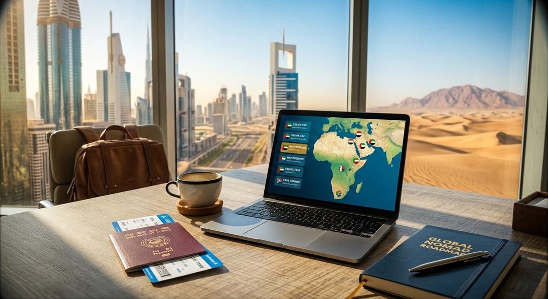 중동의 현대적인 스카이라인과 광활한 사막 배경의 창가 책상 위에 놓인 노트북, 대한민국 여권, 항공권. 노트북 화면에는 중동 및 아프리카 비자 로드맵 지도가 표시되어 있음.