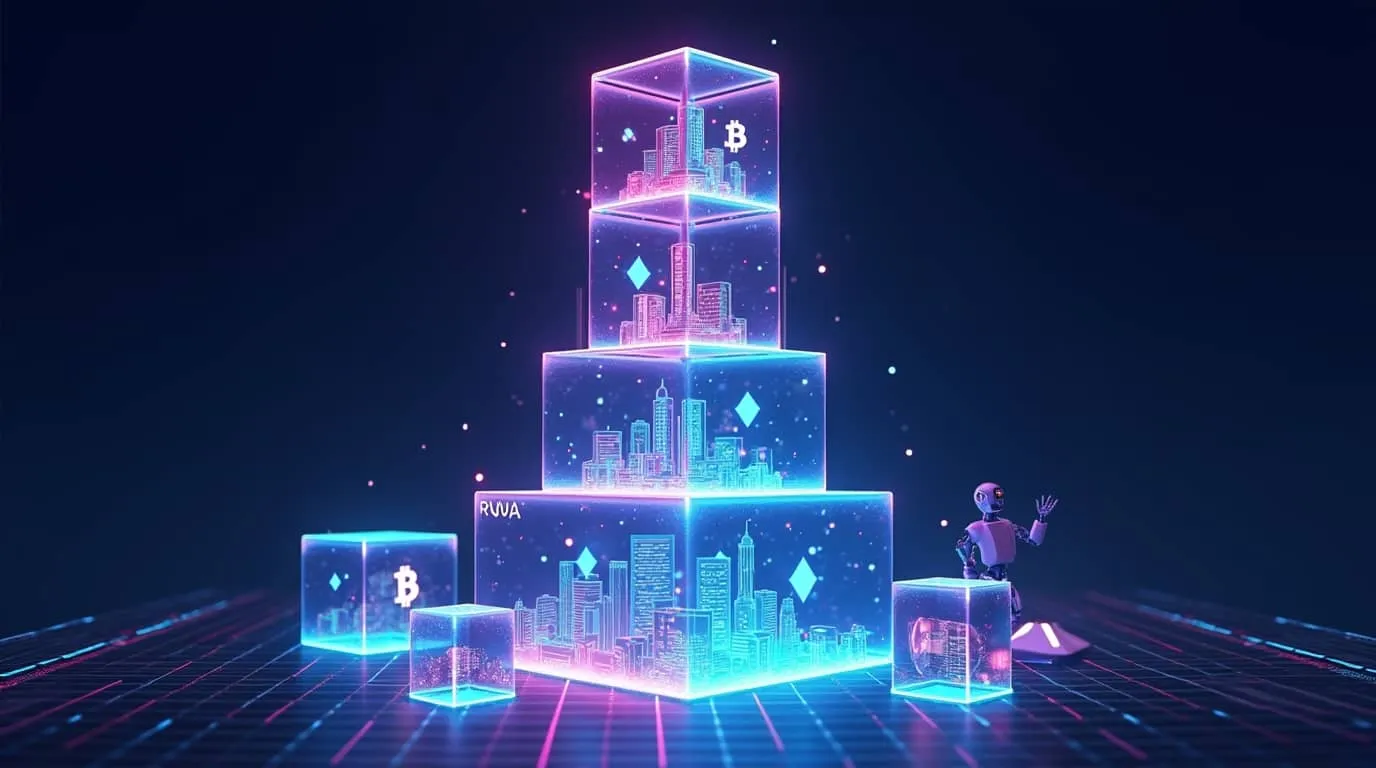 투명한 네온 블록들이 피라미드 형태로 쌓여있는 미래적 3D 일러스트. 각 블록은 핑크·퍼플·시안 네온으로 빛나며 내부에 비트코인, 차트, 다이아몬드 등 금융 자산 아이콘이 홀로그램으로 떠 있음. 블록 위에 작은 사람들이 서있어 접근 가능성을 표현. 실물 자산 토큰화(RWA) 개념을 레고 블록 조립에 비유한 사이버펑크 스타일 썸네일 이미지 (RWA tokenization, digital blocks pyramid, neon holographic, blockchain assets, fractional investment concept art)