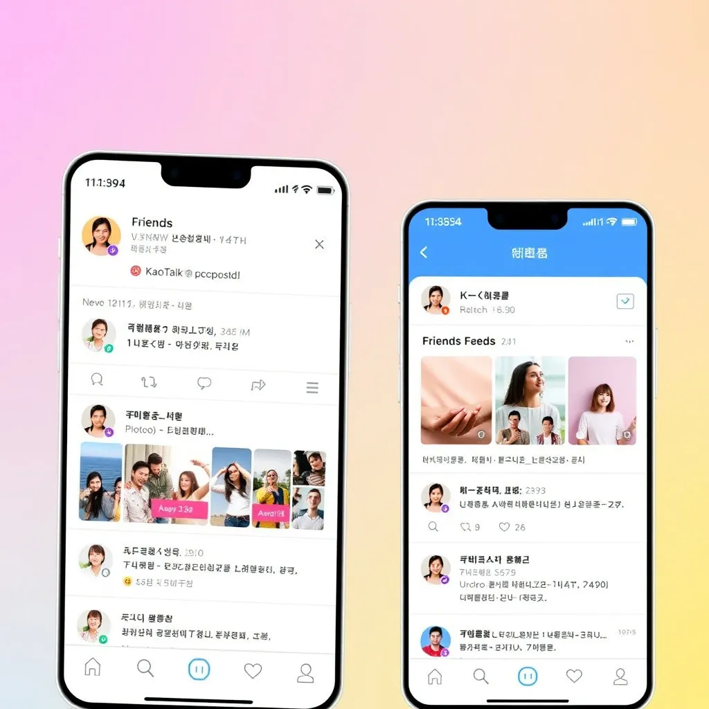 기존 카카오톡 친구 목록 화면에 인스타그램이나 페이스북처럼 친구들의 소식을 볼 수 있는 새로운 '친구 소식 피드' 같은 UI가 추가된 모습을 그려 사용자 간의 상호작용이 강조됨을 보여줍니다.