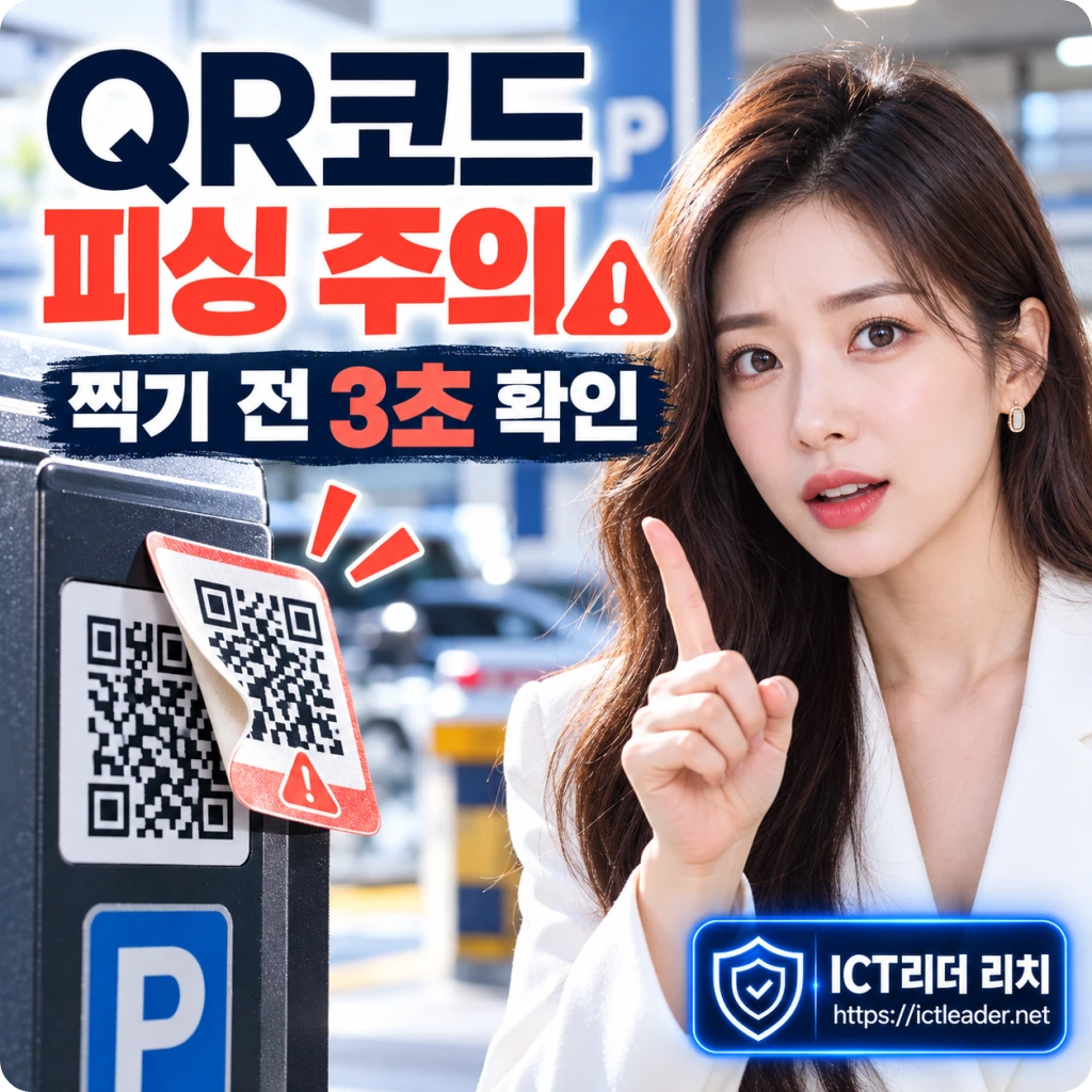 여성 전문가와 겹쳐 붙은 QR 스티커를 배경으로 QR코드 피싱 주의와 찍기 전 3초 확인을 강조한 썸네일