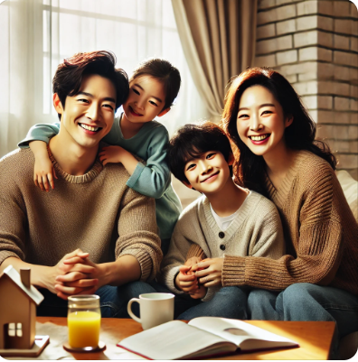 환하게 웃는 화목한 가정의 사진입니다