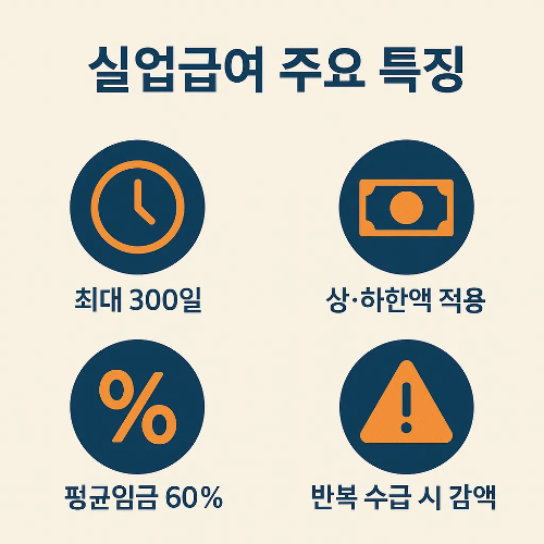실업급여 주요 특징으로 최대 300일 지원, 상하한액 적용, 평균임금 60% 지급, 반복 수급 시 감액 규정을 설명하는 안내 이미지