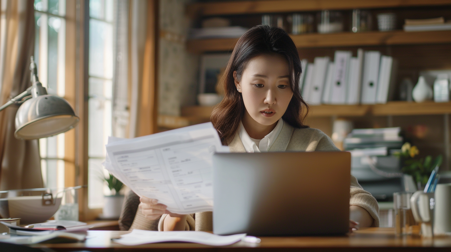 실손보험 청구 서류를 검토하는 30대 여성의 모습