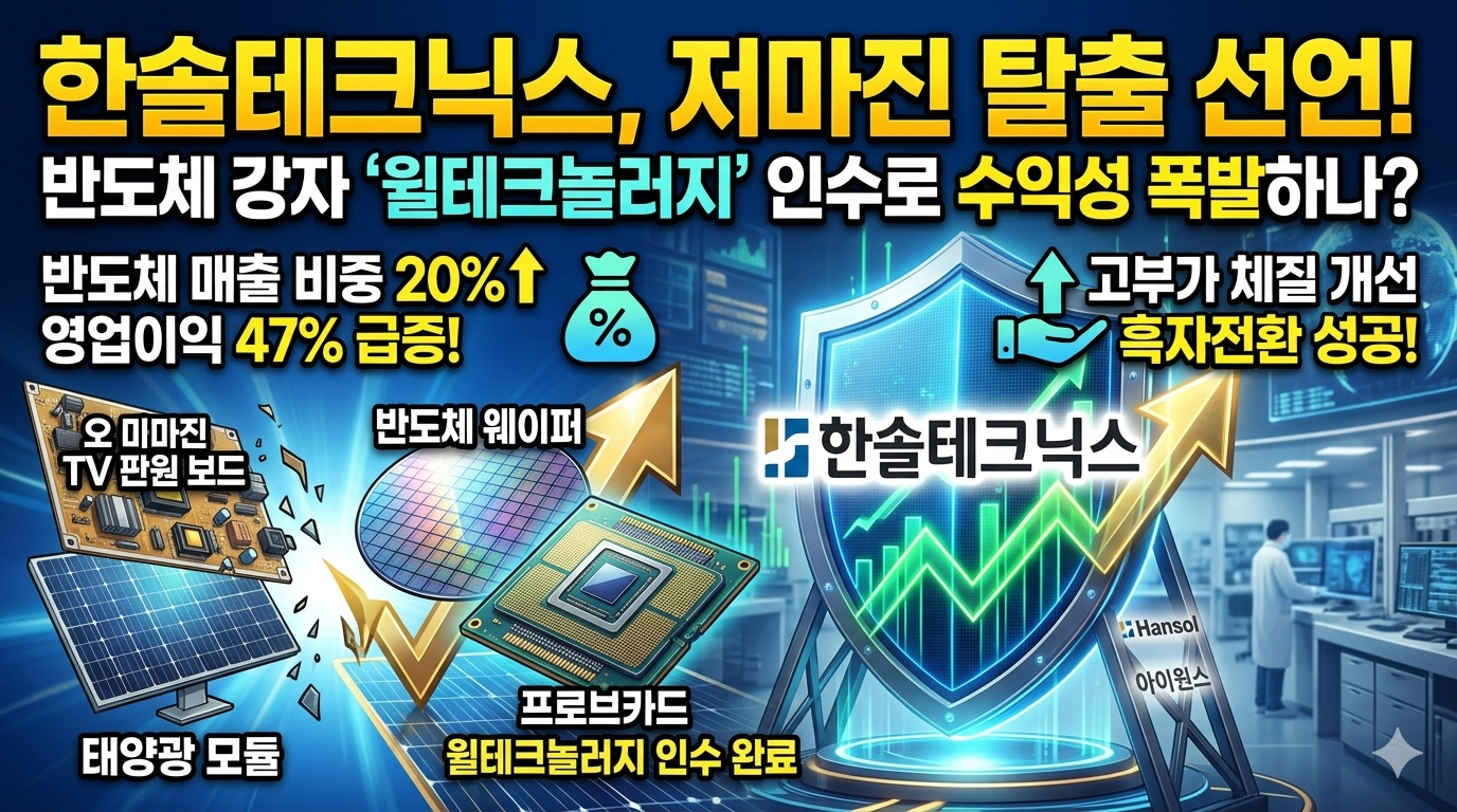 "한솔테크닉스(Hansol Technics) 주가 전망 분석 썸네일. 이미지 중앙에는 상승하는 네온 그래프와 upward 화살표가 그려진 대형 디지털 방패가 시선을 끈다. 상단에는 '한솔테크닉스, 저마진 탈출 선언! 반도체 강자 '윌테크놀러지' 인수로 수익성 폭발하나?'라는 노란색 대형 한글 텍스트가 적혀 있다. 왼쪽에는 기존 저마진 사업인 TV 파워보드와 태양광 모듈이 있고, 중앙에는 새로 인수한 윌테크놀러지의 프로브카드와 반도체 웨이퍼가 배치되어 체질 개선을 시각화했다. 우측 하단에는 '반도체 매출 비중 20%&uarr;', '영업이익 47% 급증!', '흑자전환 성공!' 등 핵심 성과 수치가 인포그래픽으로 강조되어 있다. 배경은 미래지향적인 반도체 스마트 팩토리 전경이다."