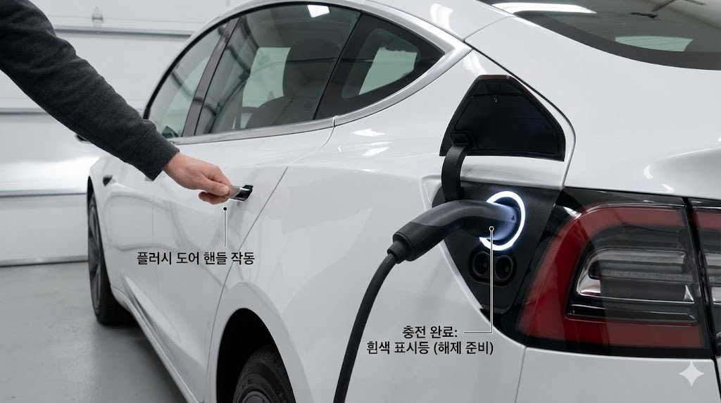 테슬라 차량 옆에서 왼쪽 뒷문 손잡이를 당겨 충전 케이블을 우아하게 분리하는 사용자의 모습