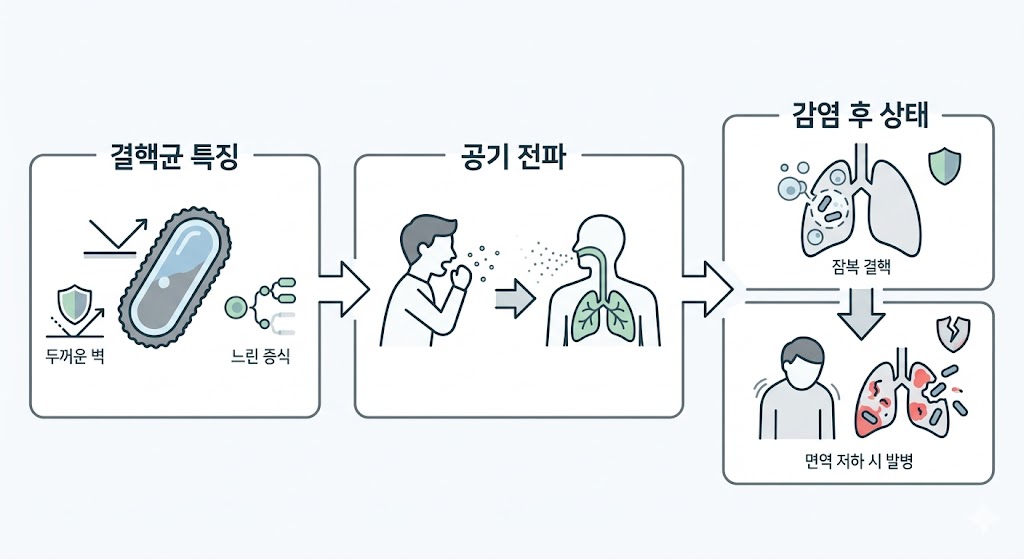 결핵균의 두꺼운 세포벽과 느린 증식 특징, 기침을 통한 공기 전파 과정을 직관적으로 보여줍니다. 감염 후 면역 체계에 의해 억제된 잠복 결핵 상태와 면역력 저하 시 균이 활성화되어 발병하는 단계별 메커니즘을 심플한 인포그래픽으로 구성하였습니다.
