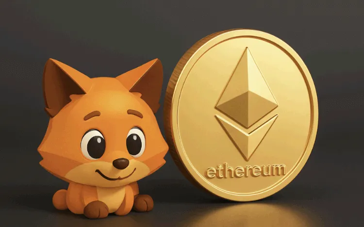 귀엽게 의인화된 메타마스크 여우 캐릭터와 이더리움 코인이 나란히 있는 이미지. 이 이미지는 메타마스크 지갑이 이더리움 네트워크의 계정 기반 모델을 지원하는 대표적인 예시임을 시각적으로 보여주며, 블로그의 계정 기반 지갑 구조 설명 섹션과 관련된 내용을 설명함 (metamask ethereum account wallet interface)