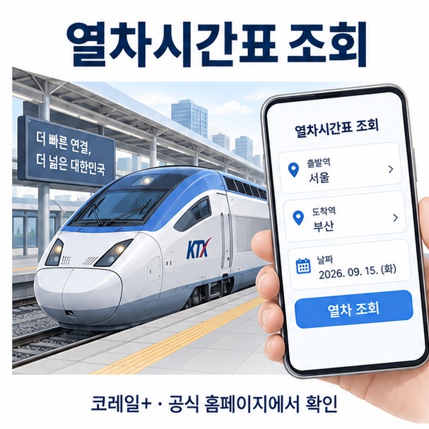 열차시간표 조회라는 제목과 스마트폰의 코레일 열차 조회 화면 및 철도 열차를 표현한 대표 이미지