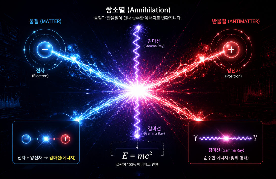 전자와 양전자가 충돌하며 순수 에너지로 변환되는 반물질 쌍소멸 과정을 표현한 과학 이미지