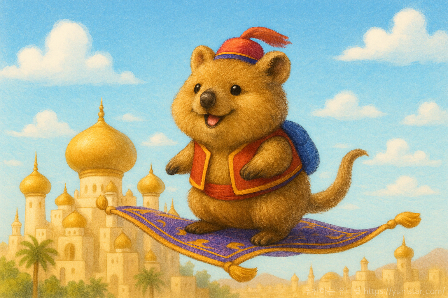 쿼카가 양탄자를 타고 날고있는 이미지