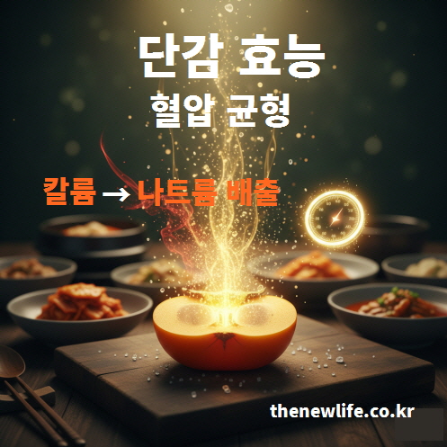 단감의 칼륨이 나트륨 배출을 돕고 혈압 균형에 영향을 주는 효능을 표현한 인공 이미지
