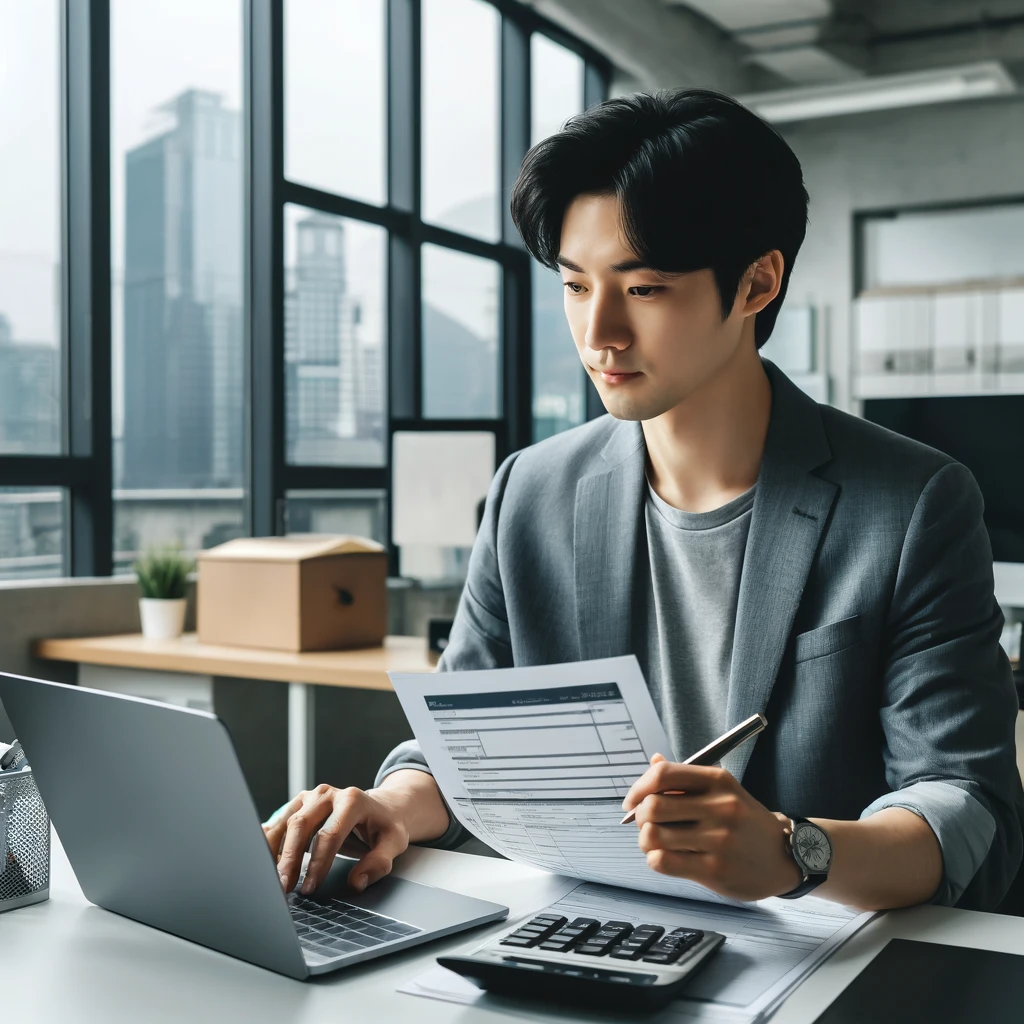 사무실에서 개인사업자 종합소득세 신고하는 남자