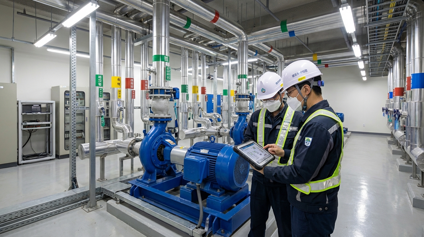 공공기관 기계실에서 펌프 설비 상태를 점검하고 협의 중인 시설 관리자들