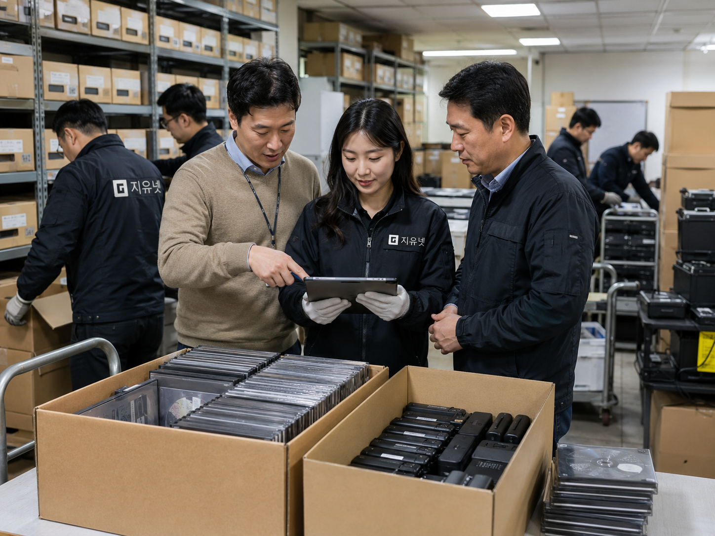 콜센터 보관창고에서 DVD와 외장하드를 보안파기 전 매체별로 분리해 수량을 확인하는 장면