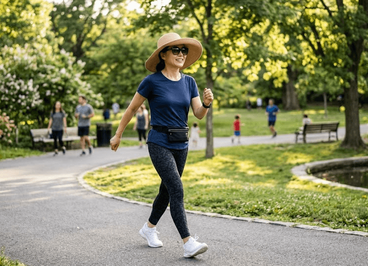 자외선 차단을 위해 선글라스와 챙이 넓은 모자를 착용하고 야외 공원에서 운동을 하고 있는 중년 여성