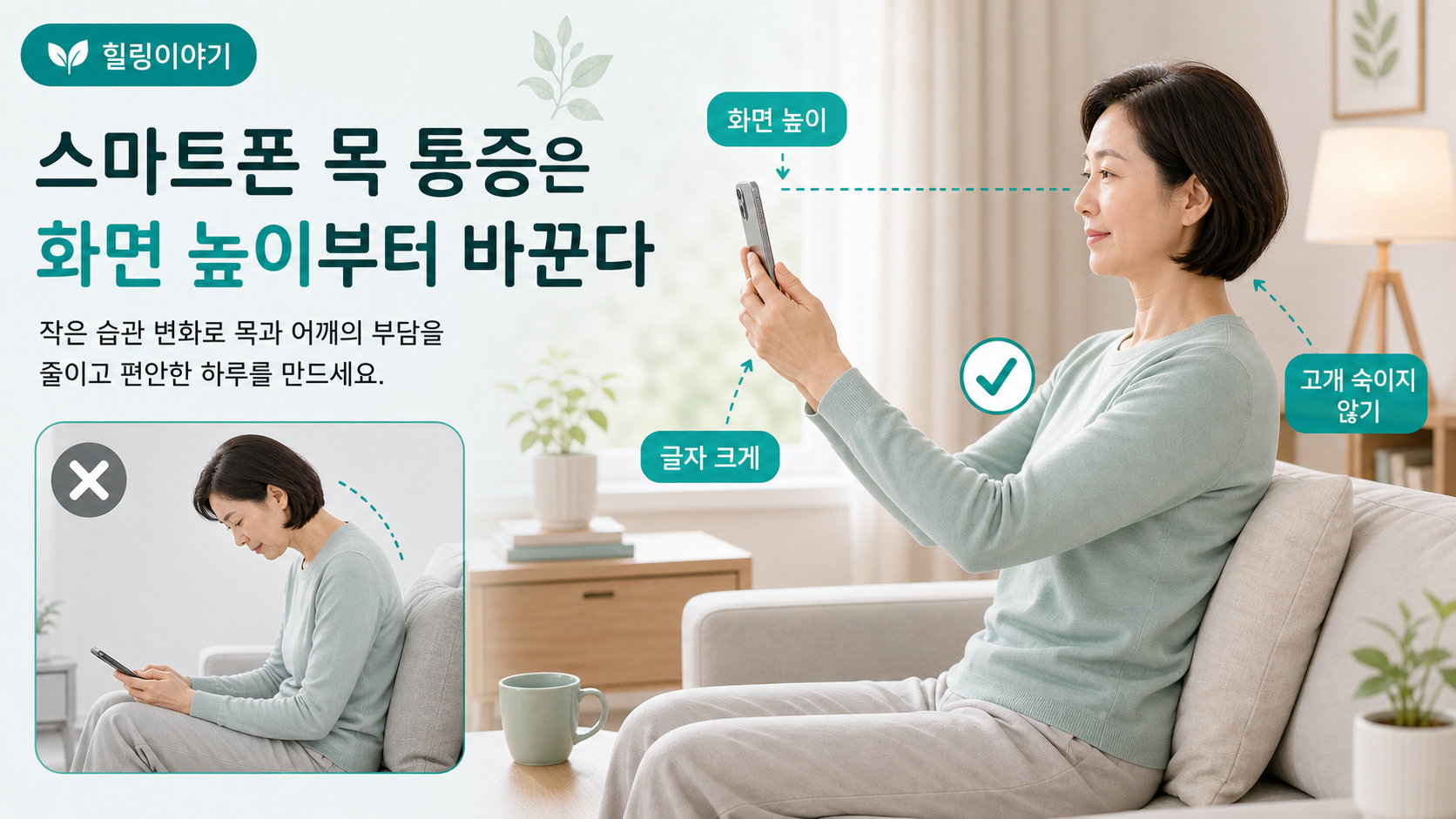 스마트폰 볼 때 목이 아픈 이유를 줄이기 위해 화면 높이와 글자 크기를 조정하는 자세 이미지