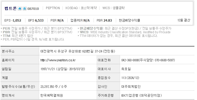 펩트론 주가 기업개요 (0418)