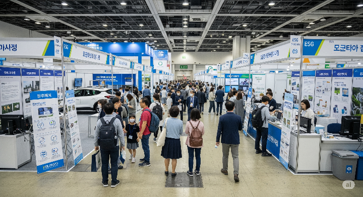 대한민국 ESG 친환경대전 행사장의 활기찬 모습, 다양한 친환경 제품과 기술이 전시되어 있고 관람객들이 부스를 둘러보는 모습