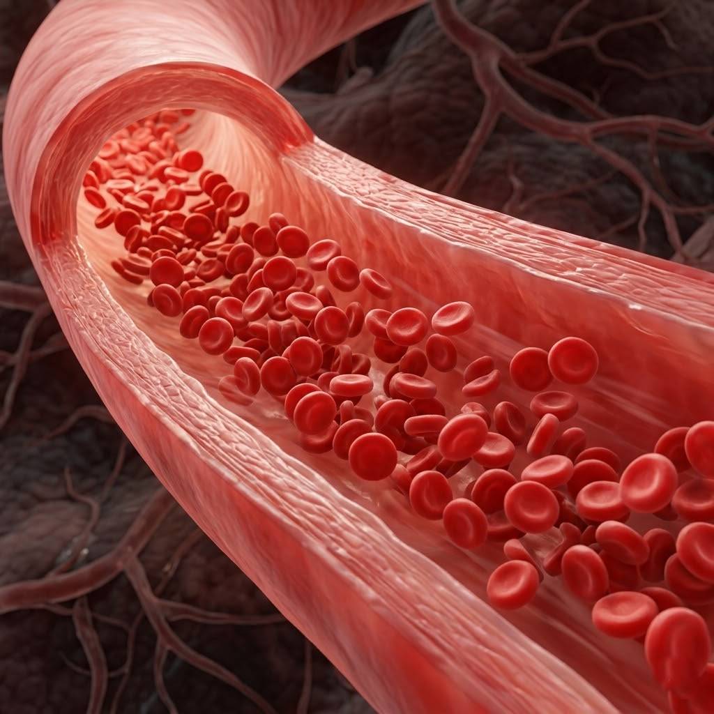 깨끗한 혈관 속을 맑은 혈액이 부드럽게 흐르는 모습을 시각화한 고화질 3D 렌더링 이미지