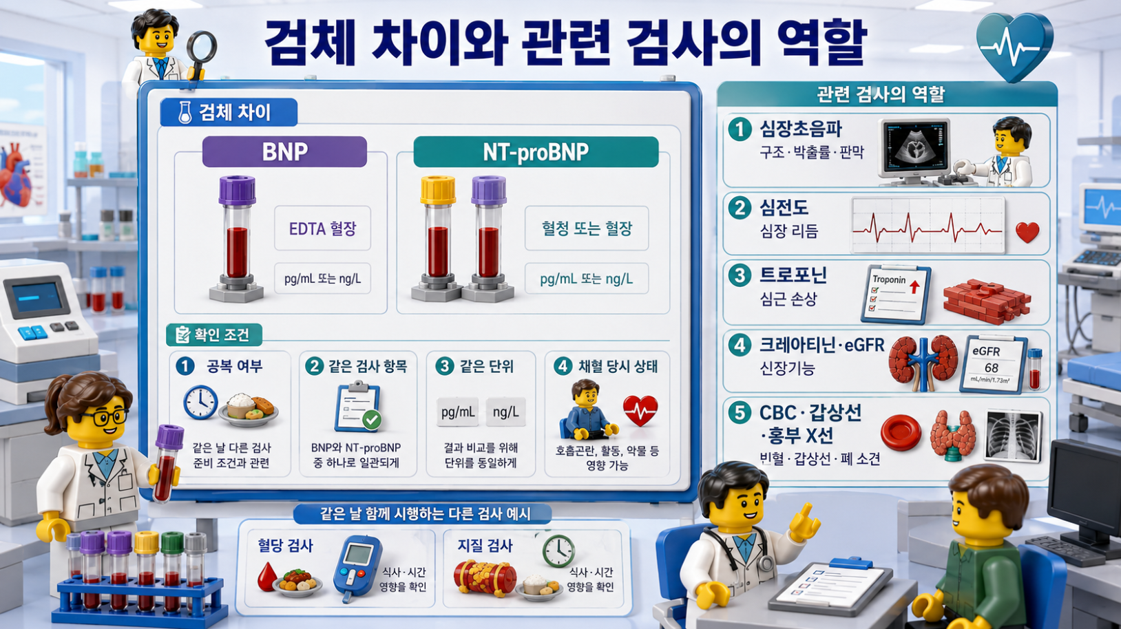 BNP·NT-proBNP의 검체 차이와 관련 검사(심장초음파·심전도·트로포닌·신장기능 검사)의 역할을 정리한 의료 인포그래픽