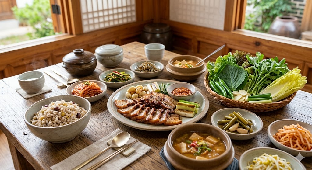 신선한 쌈 채소와 잘 구워진 수육, 잡곡밥이 차려진 정갈한 한식 상차림