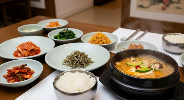 흰 쌀밥, 된장찌개, 나물 반찬이 있는 식탁 모습