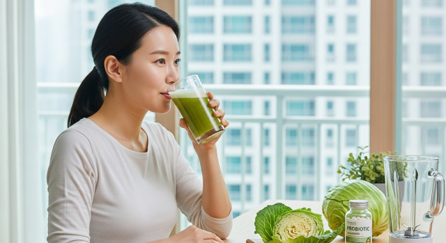 신선한 양배추와 컵에 든 즙