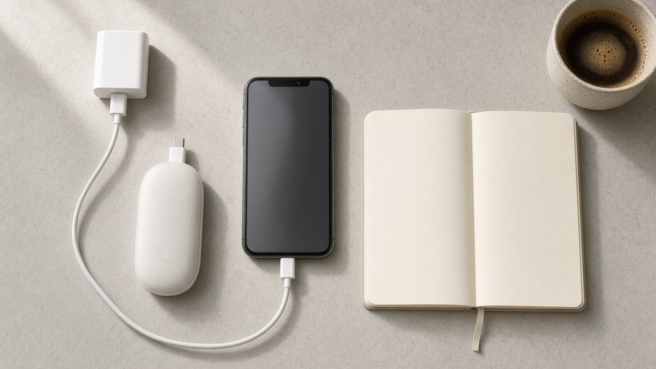 책상 위에서 USB-C 케이블로 충전 중인 충전식 손난로와 스마트폰