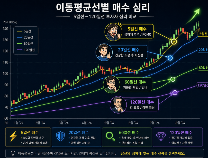 5일선부터 120일선까지 이동평균선별 매수 시점 투자자들의 심리적 차이를 표현한 캔들차트 일러스트