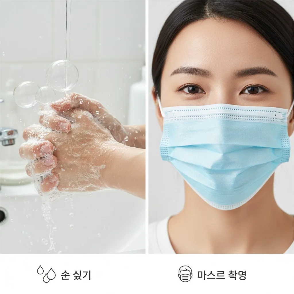 비누 거품으로 손을 깨끗하게 씻는 모습과 마스크를 정확하게 착용한 사람의 얼굴을 좌우 분할 또는 상하 분할로 구성합니다. 밝고 깨끗한 색감과 물방울, 비눗방울 등의 디테일을 추가하여 위생적인 느낌을 강조합니다. 하단에는 '손 씻기', '마스크 착용' 등의 간단한 텍스트 아이콘을 함께 배치할 수 있습니다.