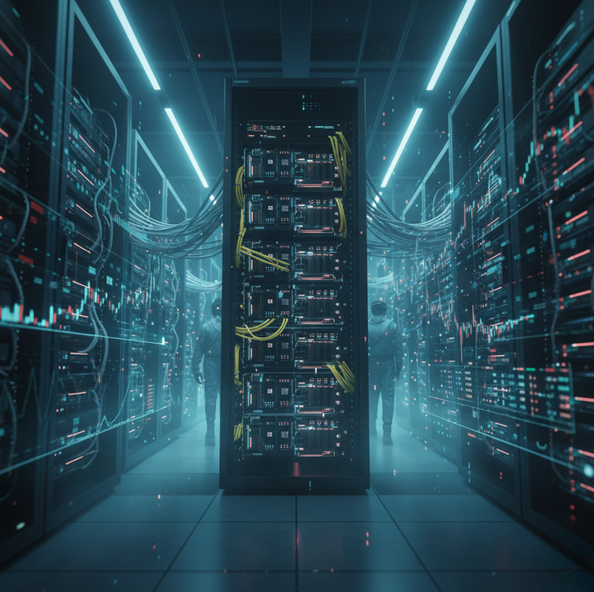 데이터센터 내부, 복잡하게 연결된 GPU와 서버 랙