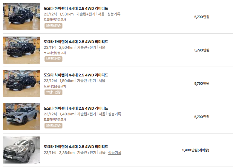 도요타 하이랜더 중고차 가격 시세표 연비