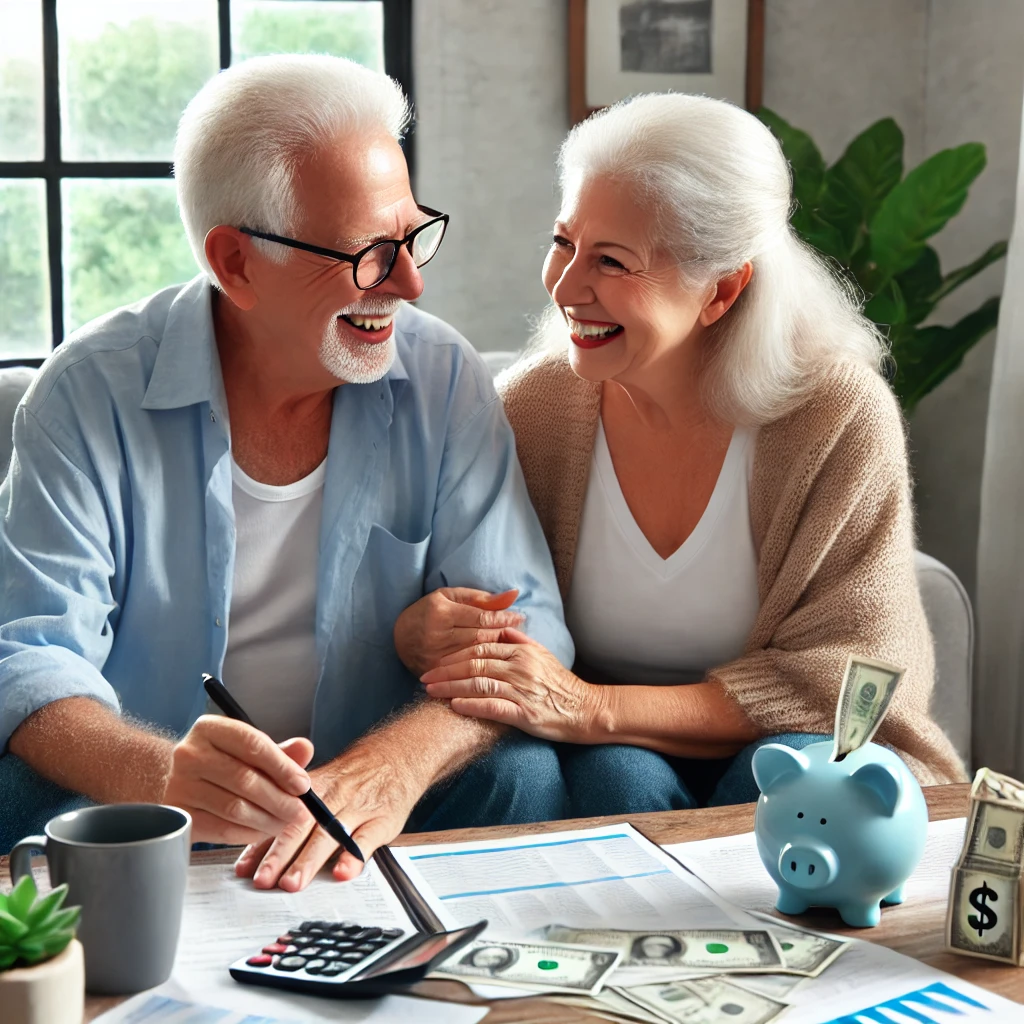 노후 준비를 논의하는 행복한 노부부 