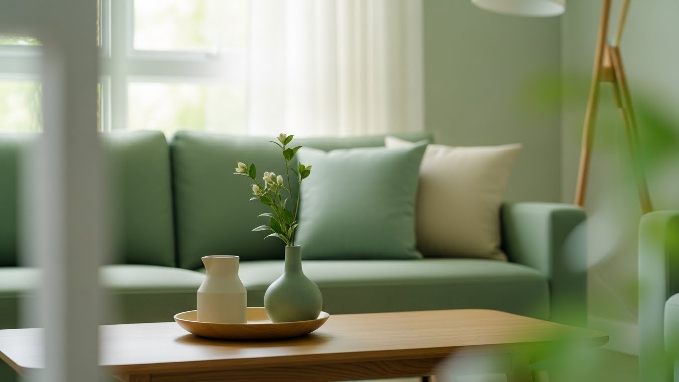 초록 식물들로 꾸며진 평온한 거실 공간. 자연광이 들어오며 휴식과 안정감을 주는 분위기로 스트레스 완화와 정서 치유의 느낌을 전달하는 장면.