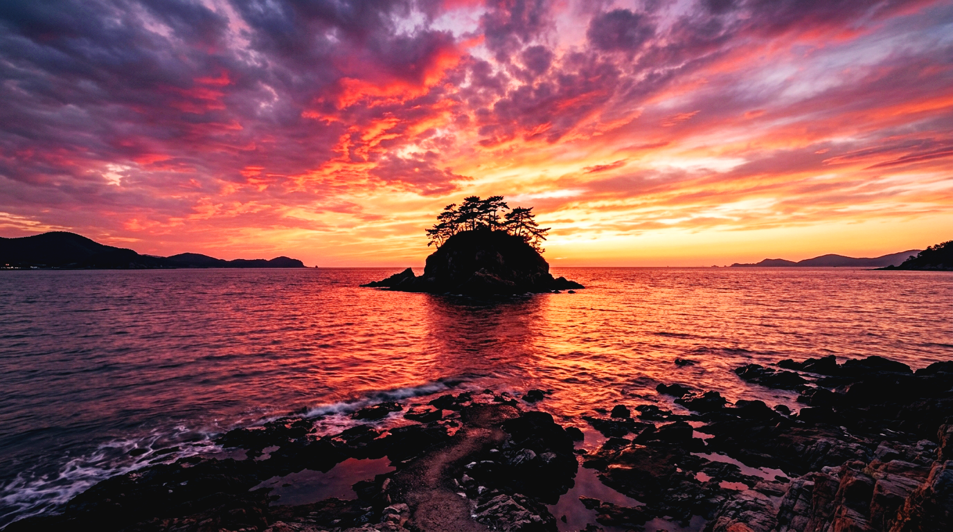 변산마실길 4코스의 종착지이자 서해안 최고 일몰 명소인 부안 솔섬의 환상적인 낙조 전경