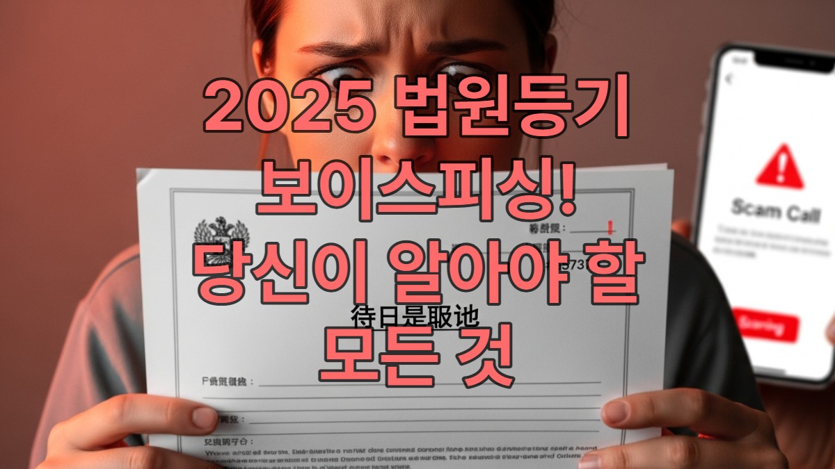 법원 등기우편을 들고 걱정스러운 표정을 짓는 사람과 배경의 보이스피싱 전화 화면.