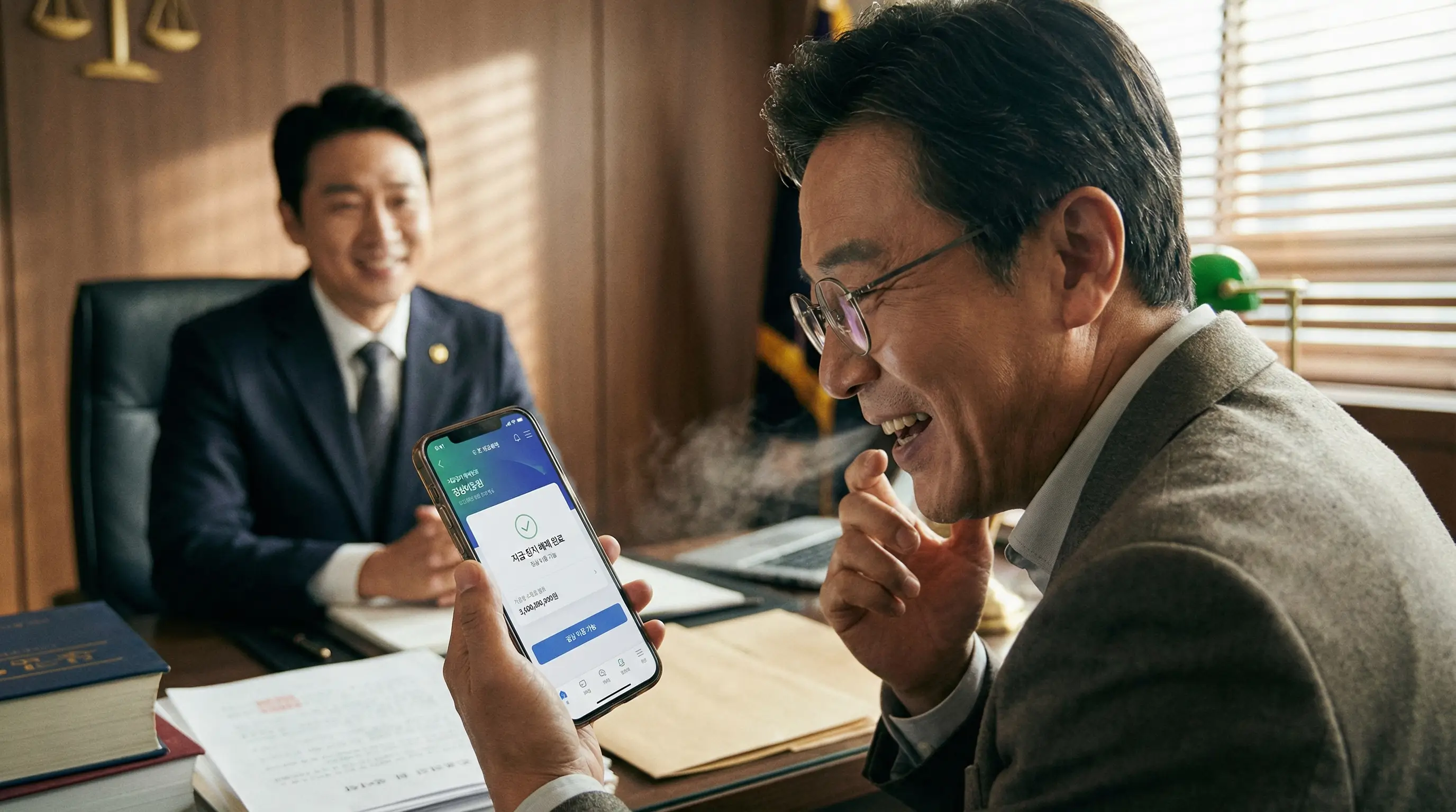 법률 전문가와 상담하여 지급 정지가 풀린 스마트폰 뱅킹 화면을 확인하고 안도하는 모습