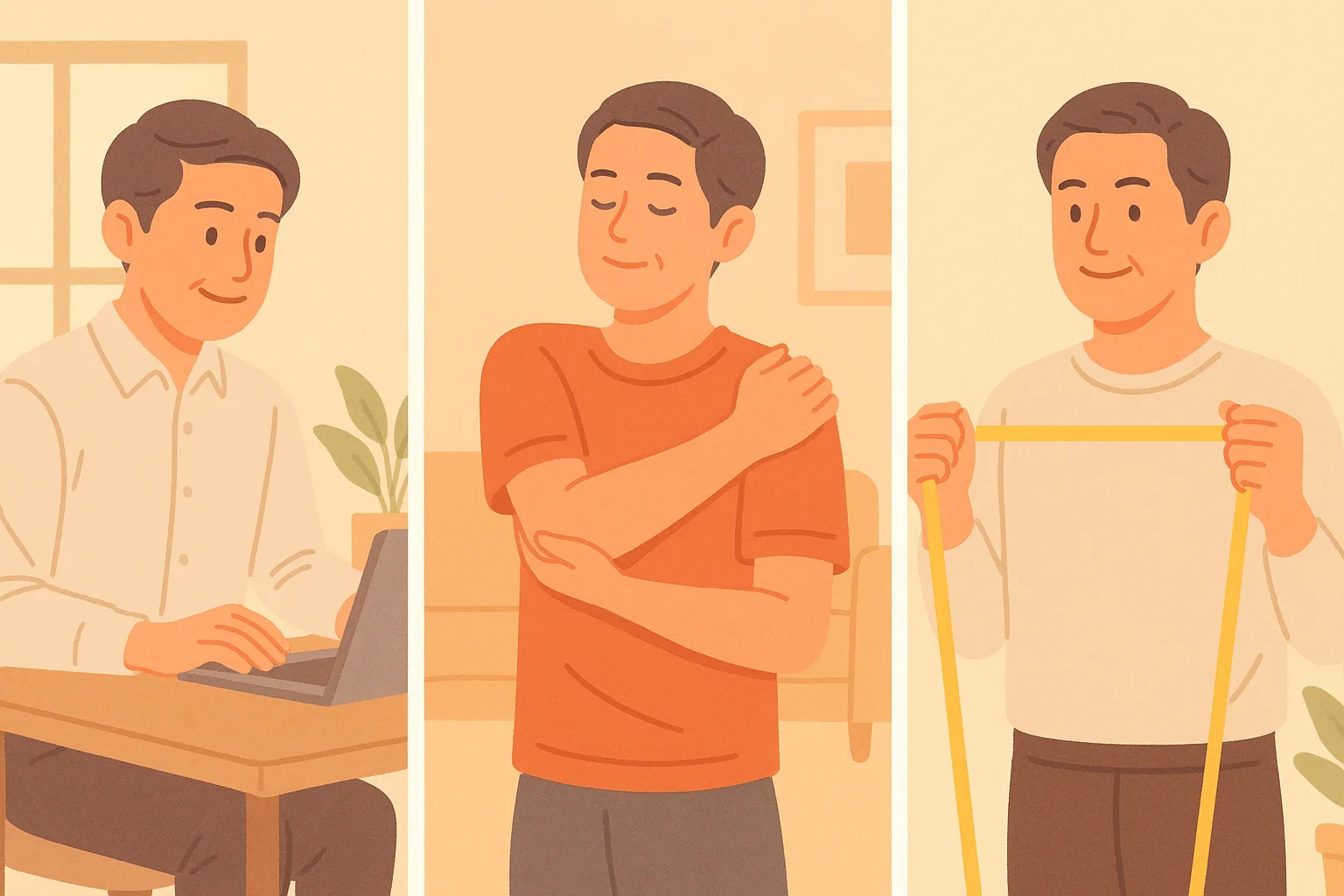 밝은 표정으로 바른 자세를 유지하는 중년 직장인, 편안하게 스트레칭하는 모습, 건강한 어깨를 위한 운동을 하는 모습