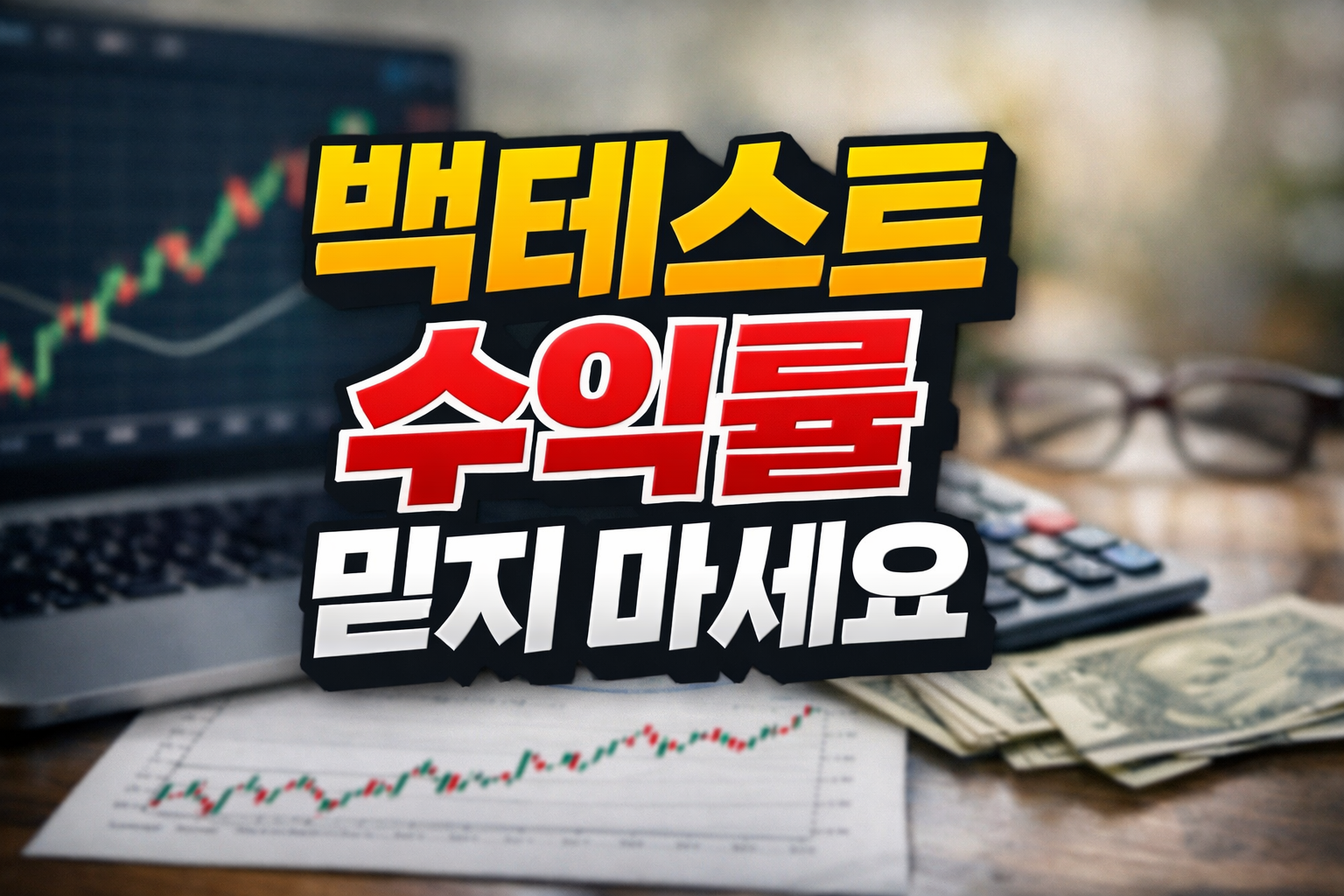 노트북 차트와 계산기, 현금이 아웃포커스로 배치된 배경 위에 &lsquo;백테스트 수익률 믿지 마세요&rsquo; 문구가 크게 들어간 투자 경고 썸네일 이미지