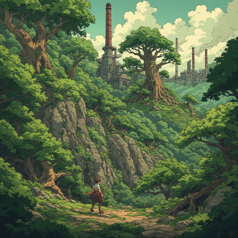 원령 공주 속 숲과 제련소(자연과 인간의 갈등을 드러내는 요소) 일러스트
