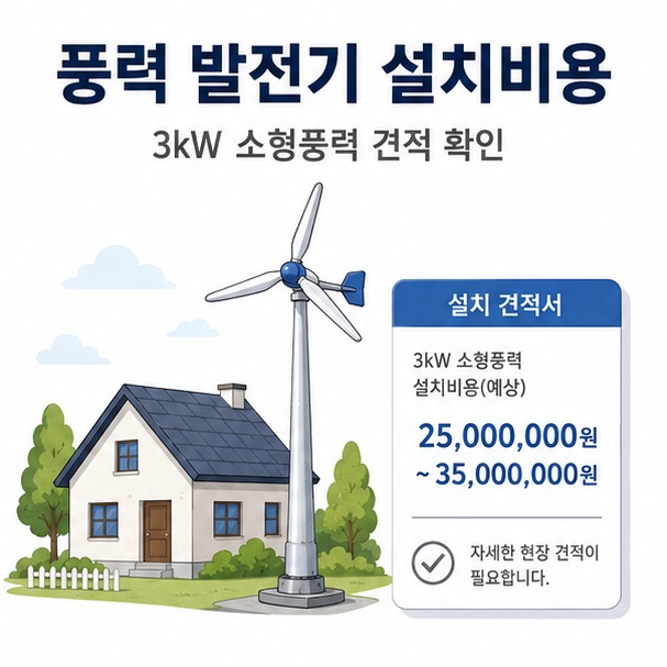 단독주택 옆 3kW 소형풍력발전기와 가격표를 배치해 풍력 발전기 설치비용을 확인하는 글이라는 점을 표현한 대표 이미지