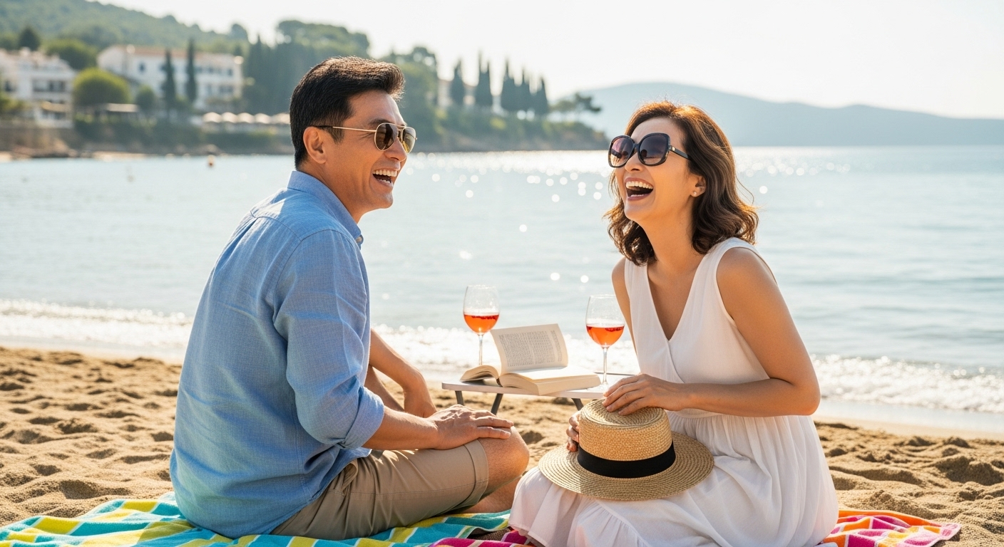 40대 부부가 편안하게 웃으며 해외여행을 즐기고 있는 모습 (노후 현금 흐름으로 인한 자유를 상징