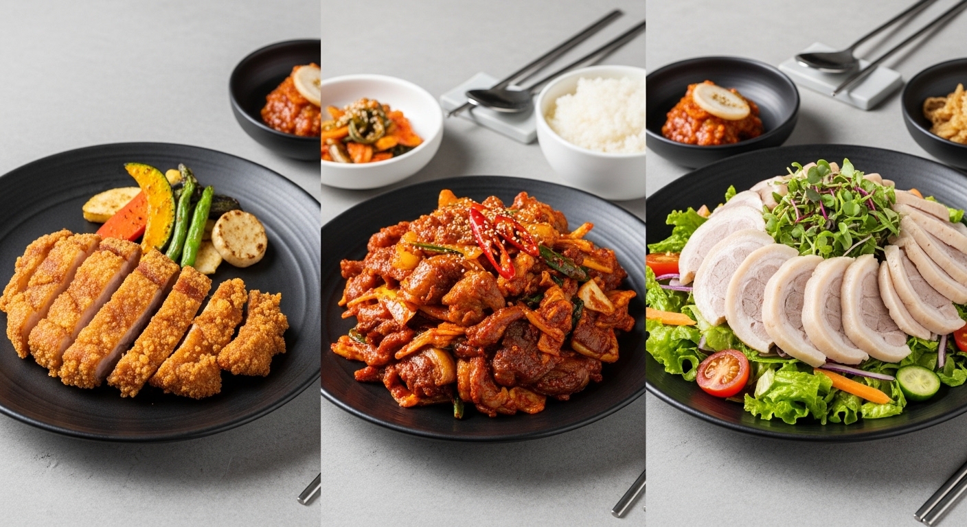 에어프라이어 뒷다릿살 스테이크, 앞다릿살 두루치기, 뒷다릿살 샐러드 등 다양한 돼지고기 요리