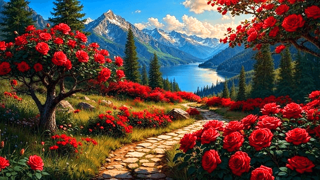 숲길에 붉은 장미꽃이 가득 피었다. 길가 가득 장미들이다. 멀리 산과 호수가 보인다.