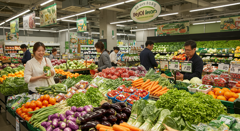 제주 이마트에서 신선한 지역 농산물을 쇼핑하는 모습
