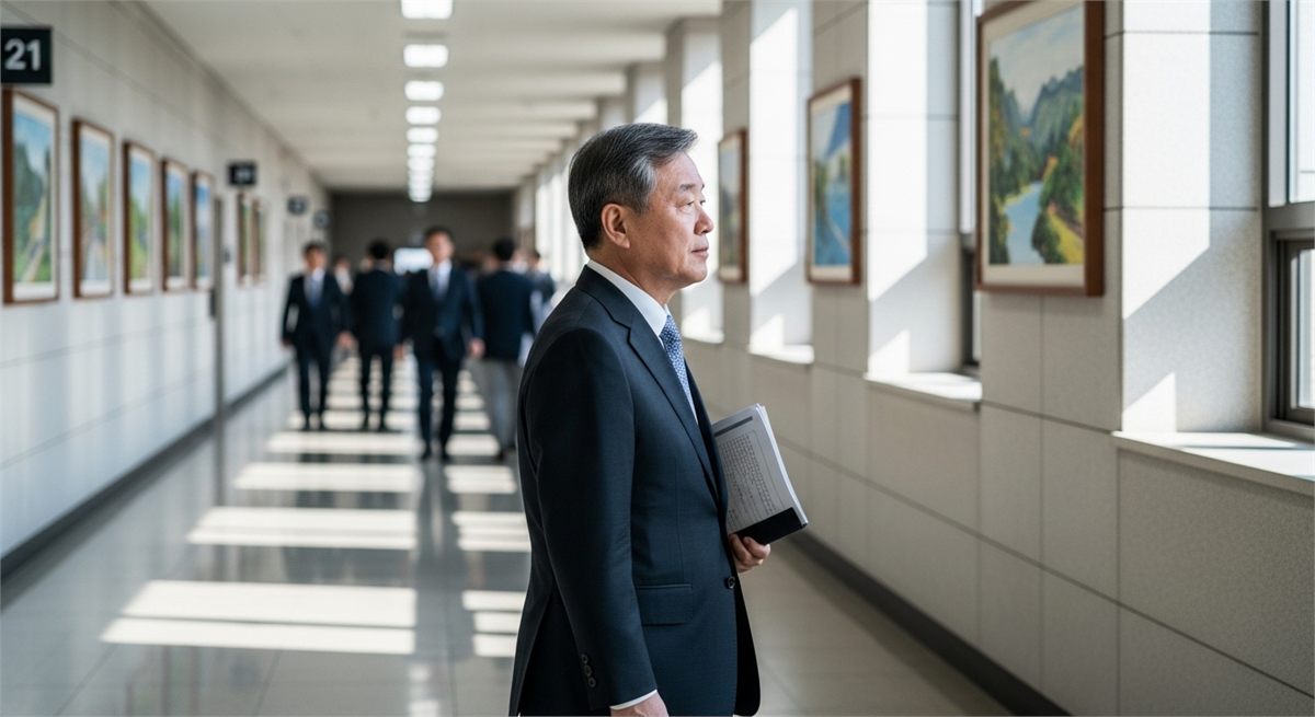 문서 파일을 들고 복도를 걷는 한국인 중장년 공무원